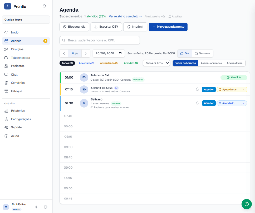 Tela de agenda e agendamento online do Prontio